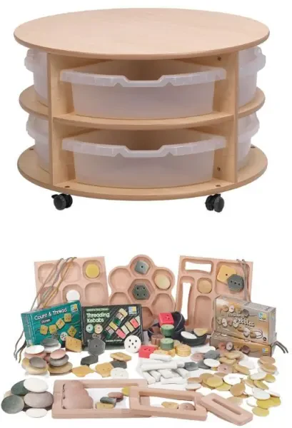 Millhouse Double Tier Mobile Circular Storage Unit Plus Clear Tubs & Loose Parts Kit